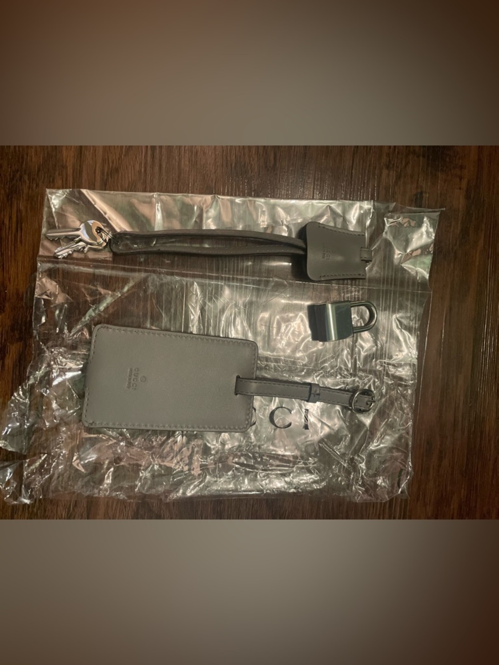 Gucci Gray Leather Luggage Tag and Key Strap Set